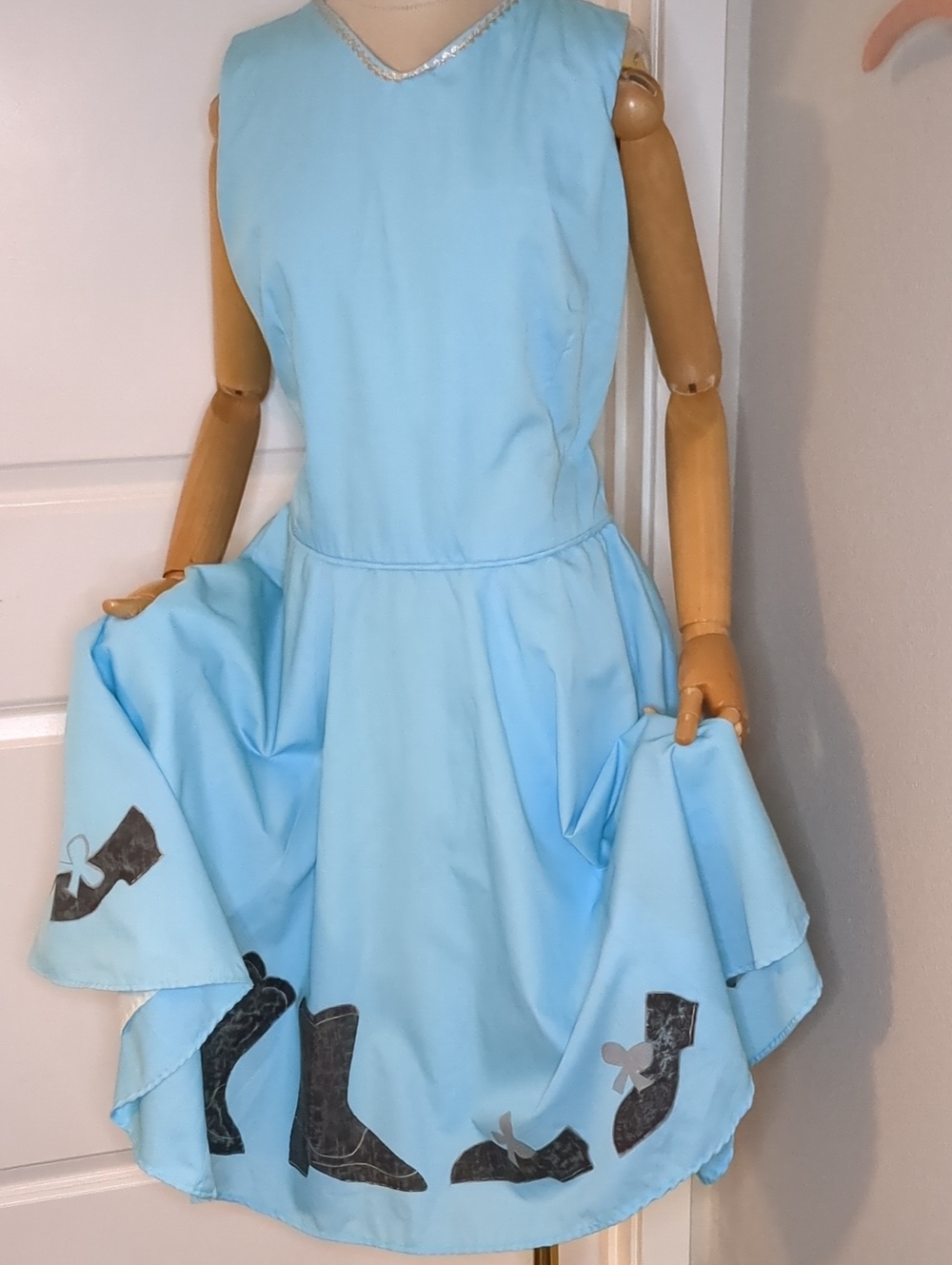 Vintage 50s Blue Poodle Style Dress Hand Painted Shoes & Cowboy Boots SZ M